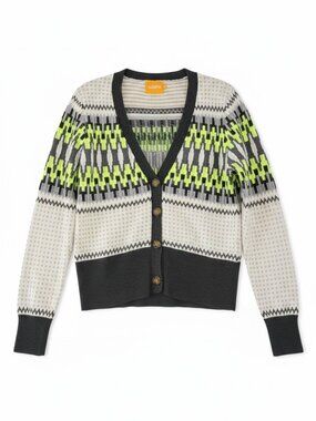 WISPR by Brodie Neon Fair Isle V-Neck Cardigan Geometric Knit Gray Cream Medium